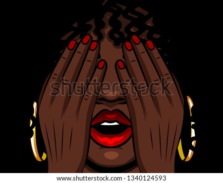 Color vector illustration african american girl covers her face with her hands. The girl experiences emotions of stress, fear, pain, fatigue. Girl with red open lips and eyes closed