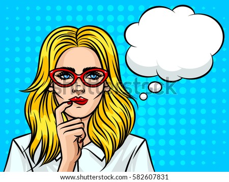 Young beautiful business woman  with speech bubble thinking about something. Girl with glasses the European type on background of pop art style