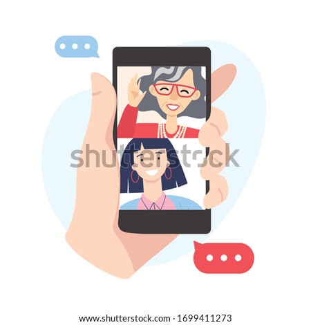 Video call concept. Family with grandmother and granddaughter are having video call using the smartphone. Human hand hold device with people on screen. vector flat cartoon illustration