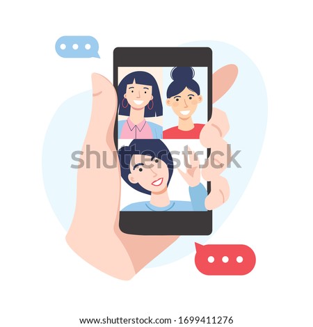 Video conference concept. Friends are having video call using the smartphone. Human hand hold device with people on screen. Vector flat cartoon illustration