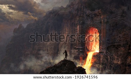 Demonic gate with lava river - digital illustration