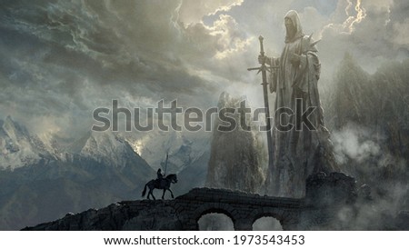 Fantasy art landscape with giant statue - digital illustration
