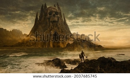 Viking warrior woman facing a skull shaped dungeon - 3D illustration