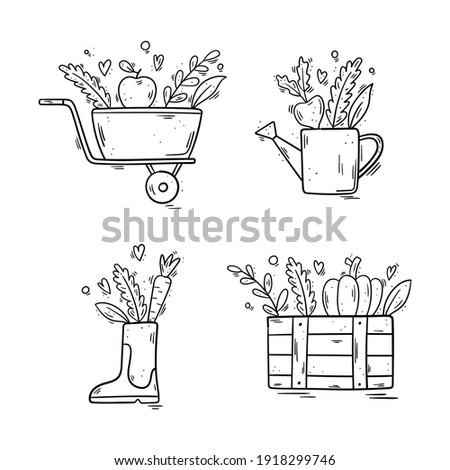 Garden set - Rubber boot, watering can, wheelbarrow, wooden crate box with a pumpkin, an apple, a turnip, a carrot and leaves - Hand drawn vector illustration isolated