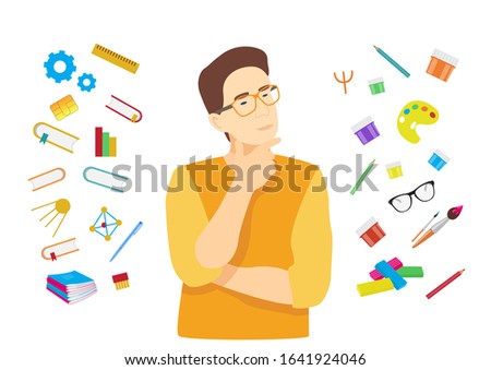 young man male student chooses between humanities and technical sciences. where to go study comparing concept. flat cartoon vector illustration