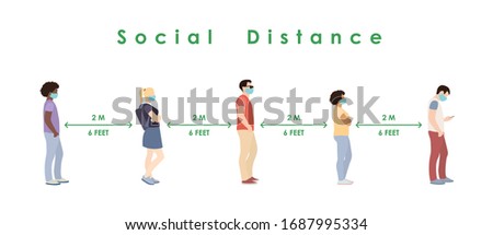 social distance. Full length of cartoon sick people in medical masks standing in line against at a safe distance of 2 meters or 6 feet. flat vector illustration
