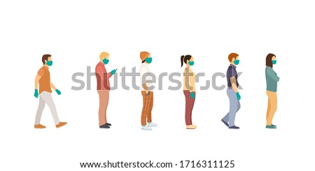 people stand queue and one person fits. Full length of cartoon sick people in medical masks and gloves standing in line against at a safe distance. flat vector illustrat