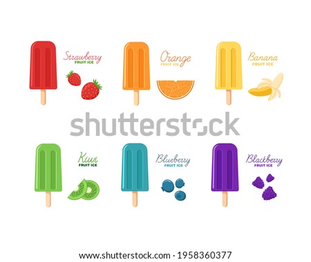 Rainbow colored fruit ice pops set. Various berry ice cream on a stick