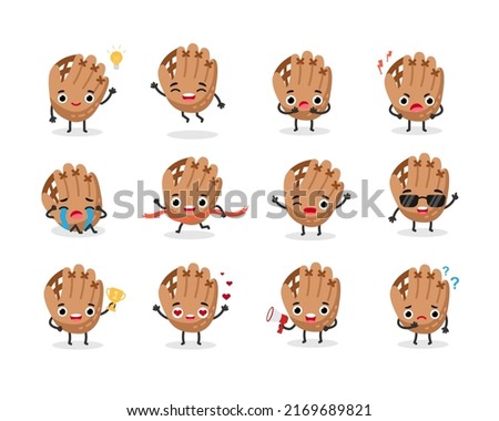 Baseball gloves set of sports emotions characters. Flat vector illustration