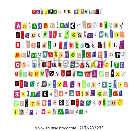 Newspaper magazine alphabet collage ABC handmade cutting text numbers and punctuation marks