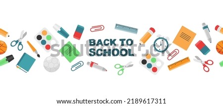 Welcome back to school. Seamless horizontal banner with school supplies books, pencils, alarm clock, stationery.  Education concept.