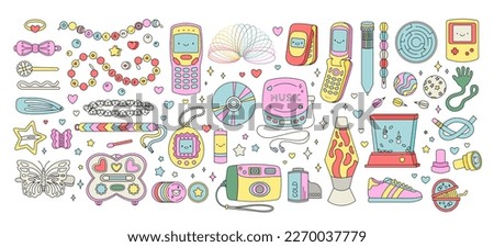 Y2k set items. Hairpins, bracelets, flip phones and other elements in trendy nostalgic 2000s style. 90s, 00s childhood aesthetic. 