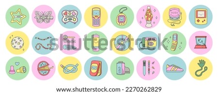 Y2k stickers set. Hairpins, bracelets, flip phones and other elements in trendy nostalgic 2000s style. 90s, 00s childhood aesthetic. 