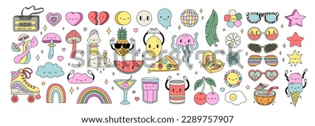 Y2K Summer Stickers Pack. Big Set of Trendy Groovy Characters, Food Drink And Lifestyle