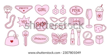 Glamorous trendy pink stickers set. Nostalgic barbiecore 2000s style collection