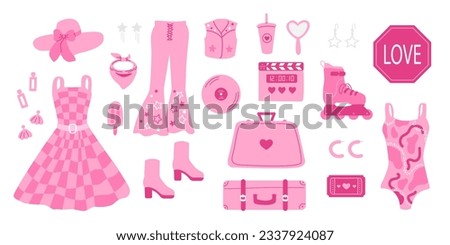 Glamorous trendy barbiecore set. Nostalgic pinkcore 2000s style