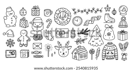 Christmas items set in outline doodle style. Editable stroke. New year characters and gifts for postcards, banners, web design, scrapbooking and other holiday design