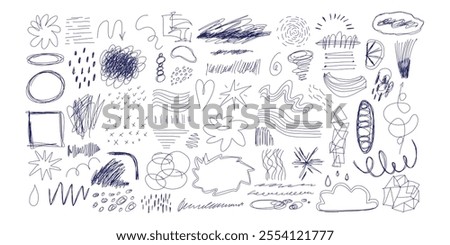 Blue ballpen scribble art collection. Simple scratch squiggle lines set. Hand drawn marks, underline strokes, doodles and arrows. Grunge marker stroke