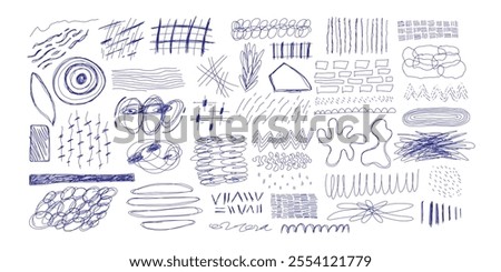 Blue ballpen scribble art collection. Simple scratch squiggle lines set. Hand drawn marks, underline strokes, doodles and arrows. Grunge marker stroke