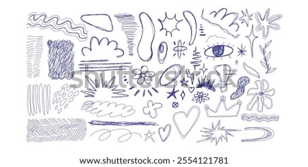 Blue ballpen scribble art collection. Simple scratch squiggle lines set. Hand drawn marks, underline strokes, doodles and arrows. Grunge marker stroke