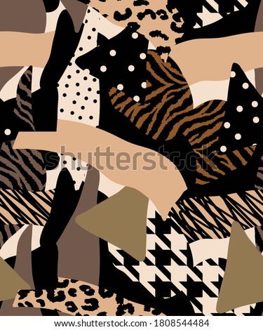 Abstract Hand Drawing Geometric Patchwork with Zebra Leopard Animal Skin Hounds Tooth Shapes Seamless Vector Pattern Colorful Background