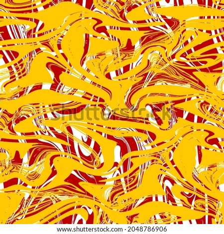 Abstract Hand Drawing Marble Swirls Geometric Stripes Seamless Vector Pattern Wavy Yellow and Red Background