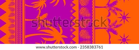 Abstract Hand Drawing 150 cm Two Colors Tropical Bohemian Palm Trees Leaves and Borders Seamless Vector Pattern Isolated Background