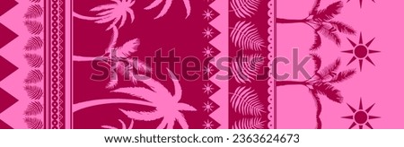 Abstract Hand Drawing 150 cm Two Colors Tropical Bohemian Palm Trees Leaves and Borders Seamless Vector Pattern Isolated Background