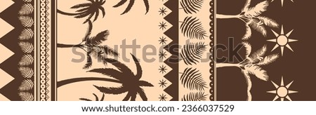 Abstract Hand Drawing 150 cm Two Colors Tropical Bohemian Palm Trees Leaves and Borders Seamless Vector Pattern Isolated Background