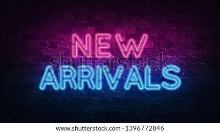 new arrivals neon sign. purple and blue glow. neon text. Brick wall lit by neon lamps. Night lighting on the wall. 3d illustration. Trendy Design. light banner, bright advertisement Stok fotoğraf © 