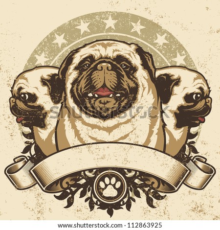 Pug Crest Design. Vector illustration of three purebred pug dogs (front and profile view) sitting proudly over a grunge banner and floral design elements.