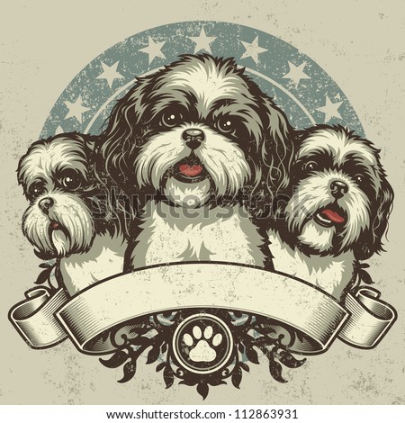 Shih Tzu Crest Design. Vector illustration of three purebred Shih Tzu dogs (front and profile view) sitting proudly over a grunge banner and floral design elements.