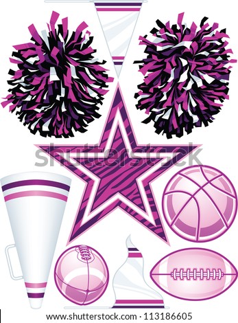 Collection of individually grouped vector cheerleading design elements including football (2views), basketball, pom-poms, pennant (2 views), megaphone, and zebra stripe star.