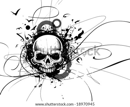 Abstract vector illustration of a skull with calligraphic lines, splatters, music notes and birds spiraling from it's center