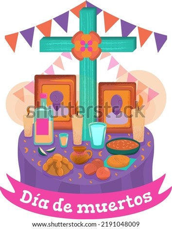 Offering vector for Day of the Dead, with traditional Mayan elements such as the pib and the green cross. Mexican tradition. In text: day of the dead.