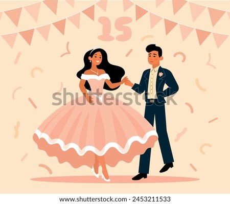 Vector quinceañera dancing with chamberlain at her fifteen party, Mexico