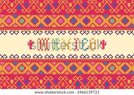 pink Mexican textile background with the word MEXICO in the center, horizontal