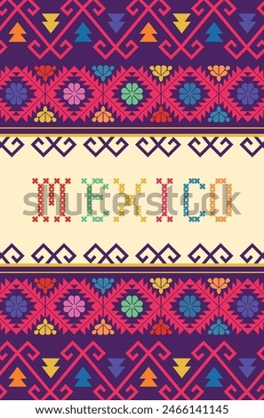 vector purple background of Mexican textile with the word MEXICO in the center, vertical