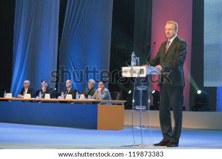 BELGRADE,SERBIA-NOVEMBER 25:Dragan Djilas speaks at the Democratic Party Assembly. November 25,2012 in Belgrade,Serbia