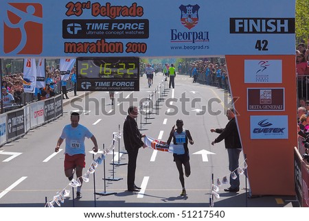 BELGRADE - APRIL 18: Winner Maiyo Jonstone Kibet (No.11) of Kenya on finish line at 23nd Belgrade Marathon April 18, 2010 in Belgrade. Kibet finished with with 2 hours 16 min 22 secs.