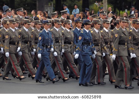 BELGRADE - SEPTEMBER 11th:Promotion of new Serbian army officers,Girl cadet unit in march,September 11, 2010 in Belgrade, Serbia