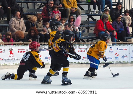 BELGRADE-JANUARY 8:Unidentified  ice hockey players in action at New Year\'s ice hockey tournament for children aged eight years on January 8, 2011 in BELGRADE,SERBIA