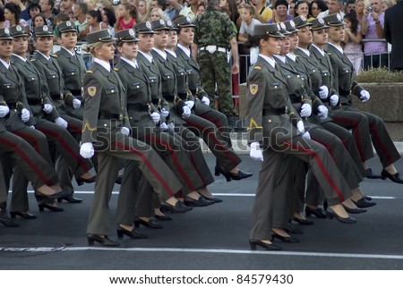 BELGRADE, SERBIA - SEPTEMBER 10: Girls unit of Serbian army cadet in march during promotion of new Serbian army officers on September 10, 2011 in Belgrade, Serbia
