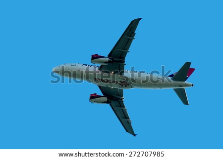 BELGRADE-APRIL 25:Airbus A-319-100 jet climbing after take off from Belgrade airport \