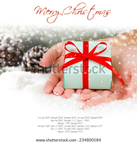 Still life with Christmas gift in hands and cones covered with snow with white space for the text