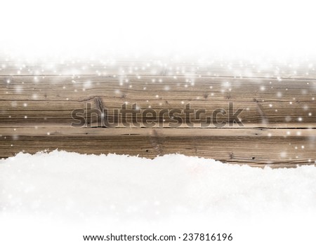 Grunge wooden texture with snow flakes and white space, horizontal composition