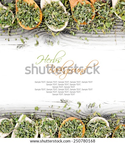 Photo of spoons dried herb leaves on wooden board with white space for text