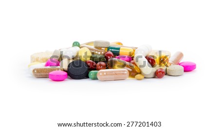 Photo of heap of medicaments isolated on white