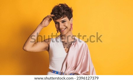 Image, Stock Photo Transgender man with modern haircut in striped jacket