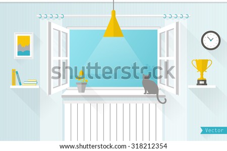The window overlooking the city. Room in a flat style. Vector illustration.